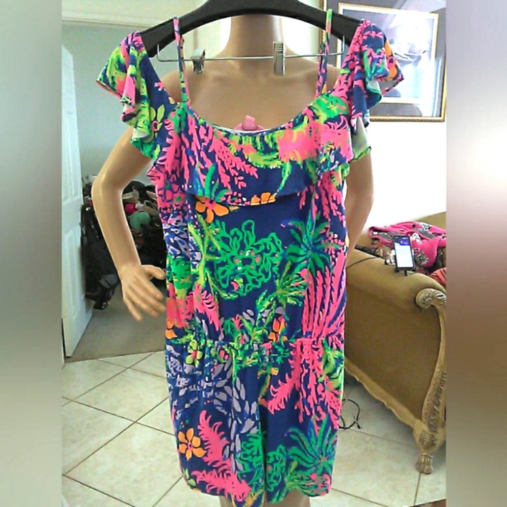 Lk.NewLILLY PULITZER Floral Multicolor ROMPER SZ LG ADJ. STRAPS RUFFLE SHOULDER